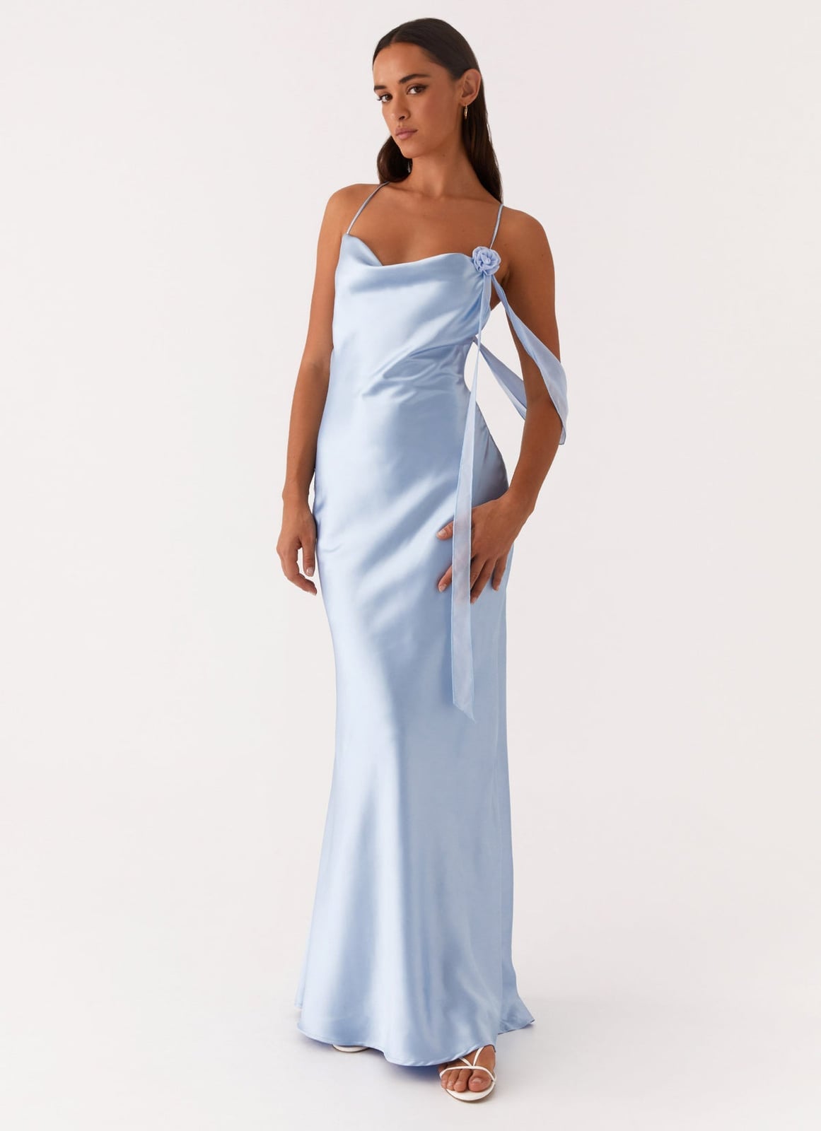 Light Blue Cowl Neck Bias Cut Maxi Dress Light Blue Cowl Neck Bias Cut Maxi Dress — Satin Dresses