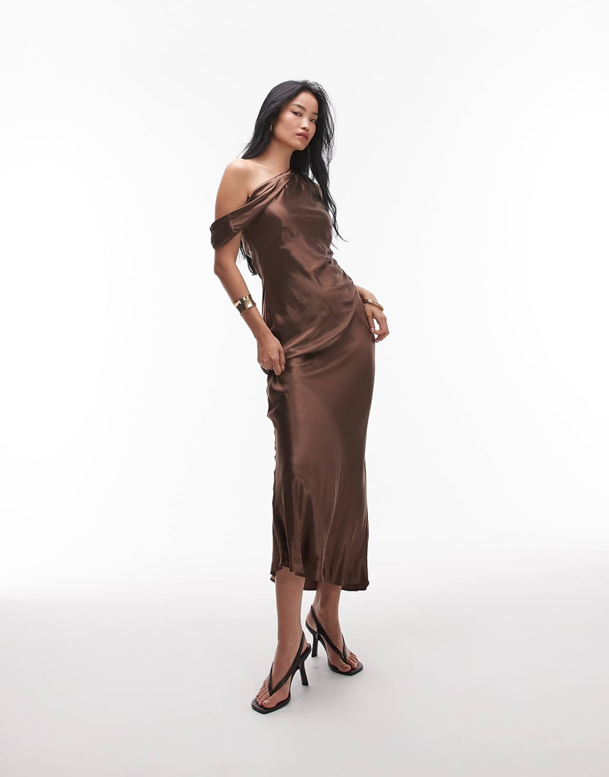 Brown Asymmetrical Neckline Slip Dress Brown Asymmetrical Neckline Slip Dress — Satin Dresses