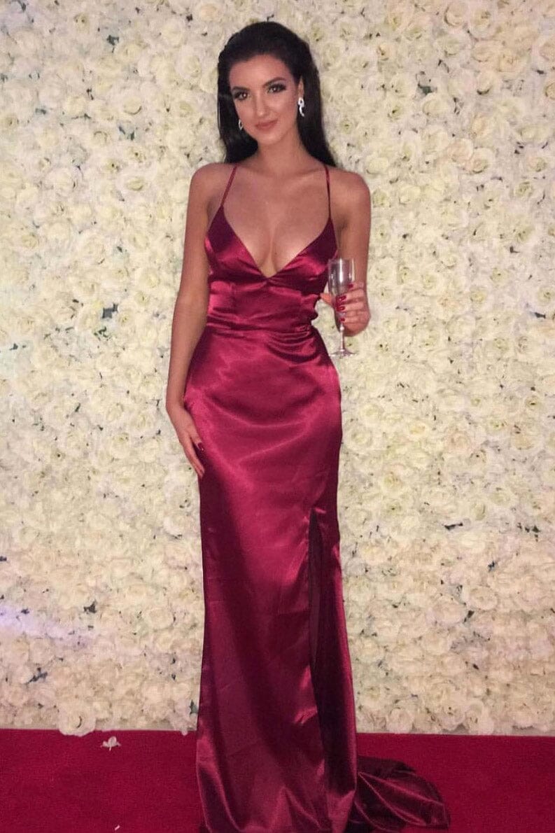 Deep Red Lace-Up Back High Slit Gown Deep Red Lace-Up Back High Slit Gown — Satin Dresses