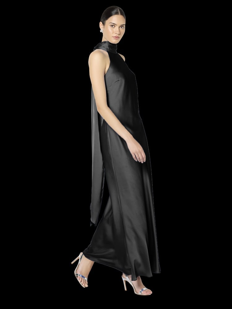 Black High Neck Cape Detail Maxi Dress Black High Neck Cape Detail Maxi Dress — Satin Dresses