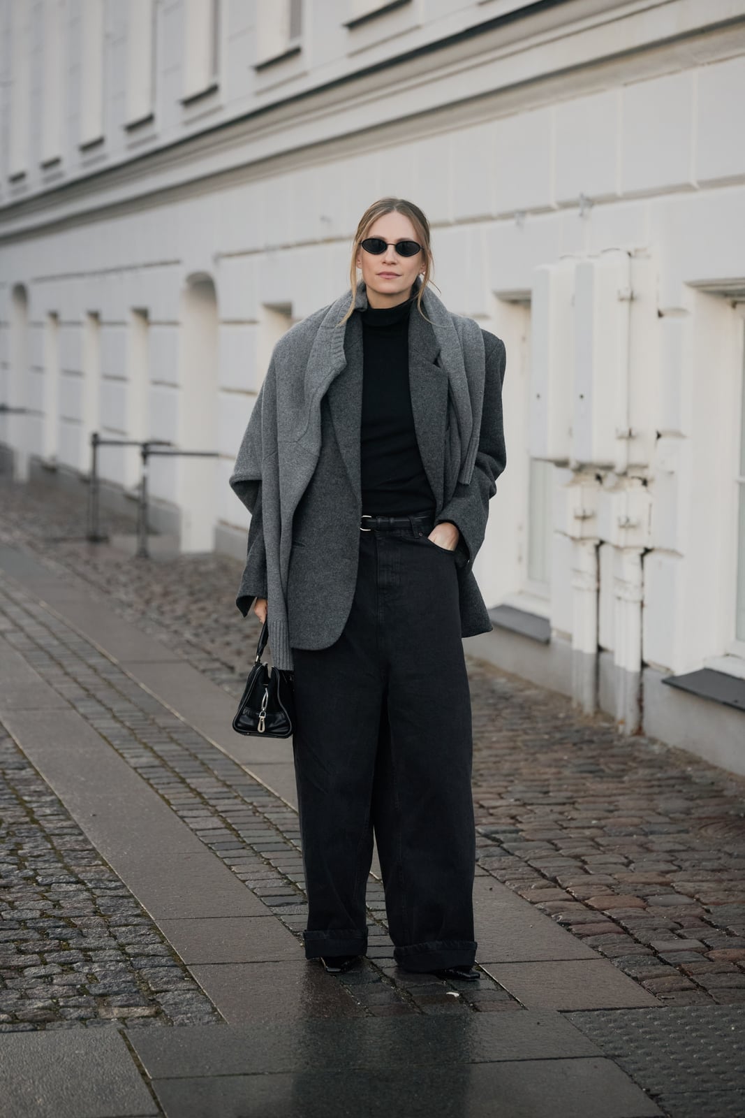 Oversized Gray Blazer With Wide Leg Trousers and Black Flat Shoes — Scandinavian Style
