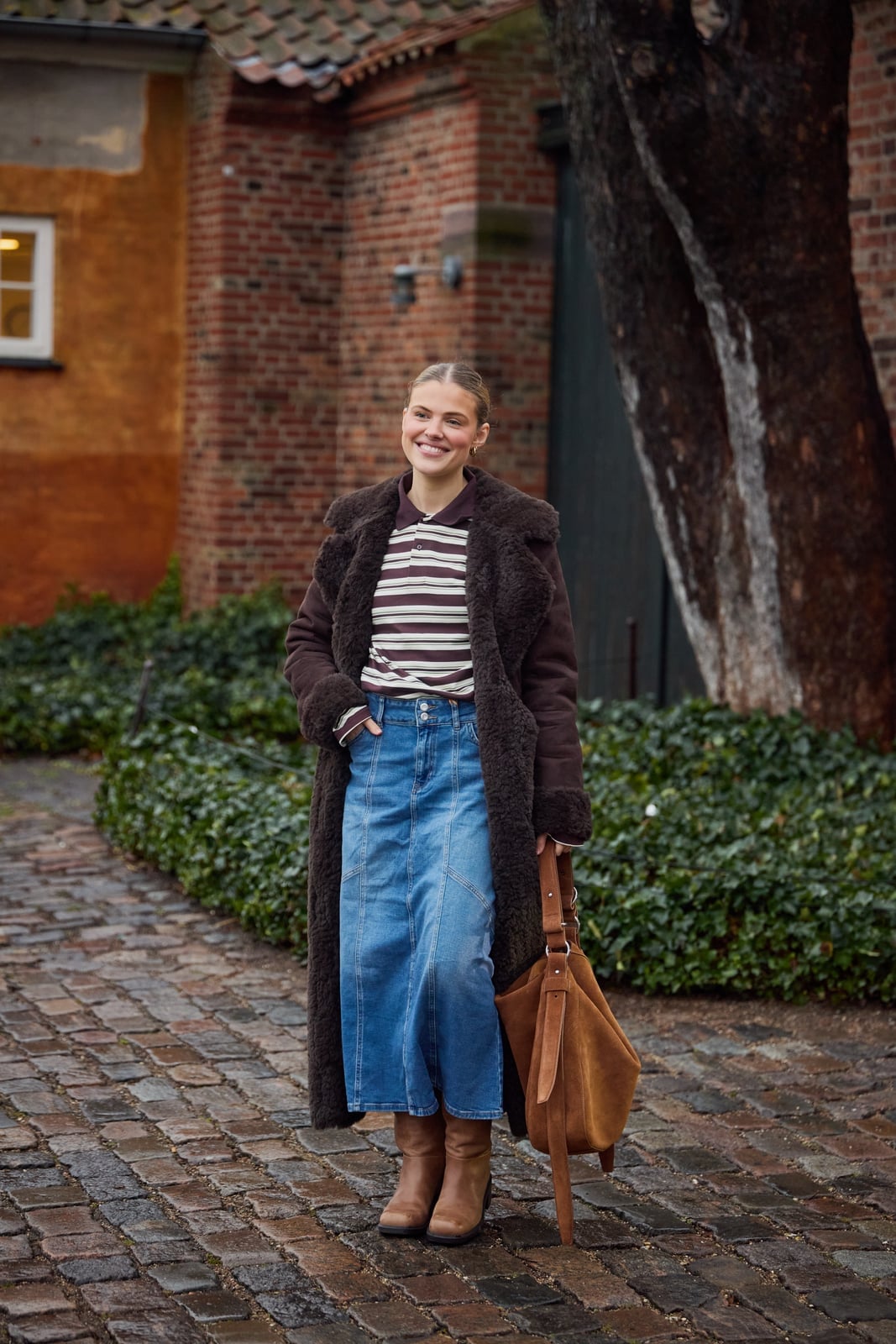 Faux Fur Coat Over Striped Top And Denim Skirt — Scandinavian Style