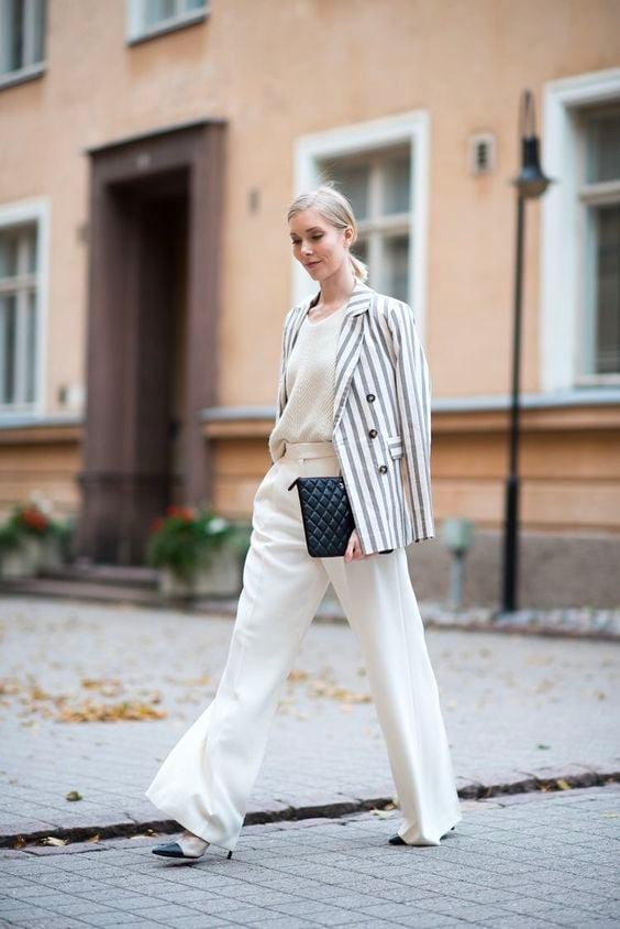 Striped Blazer With Cream Trouser Suit — Scandinavian Style
