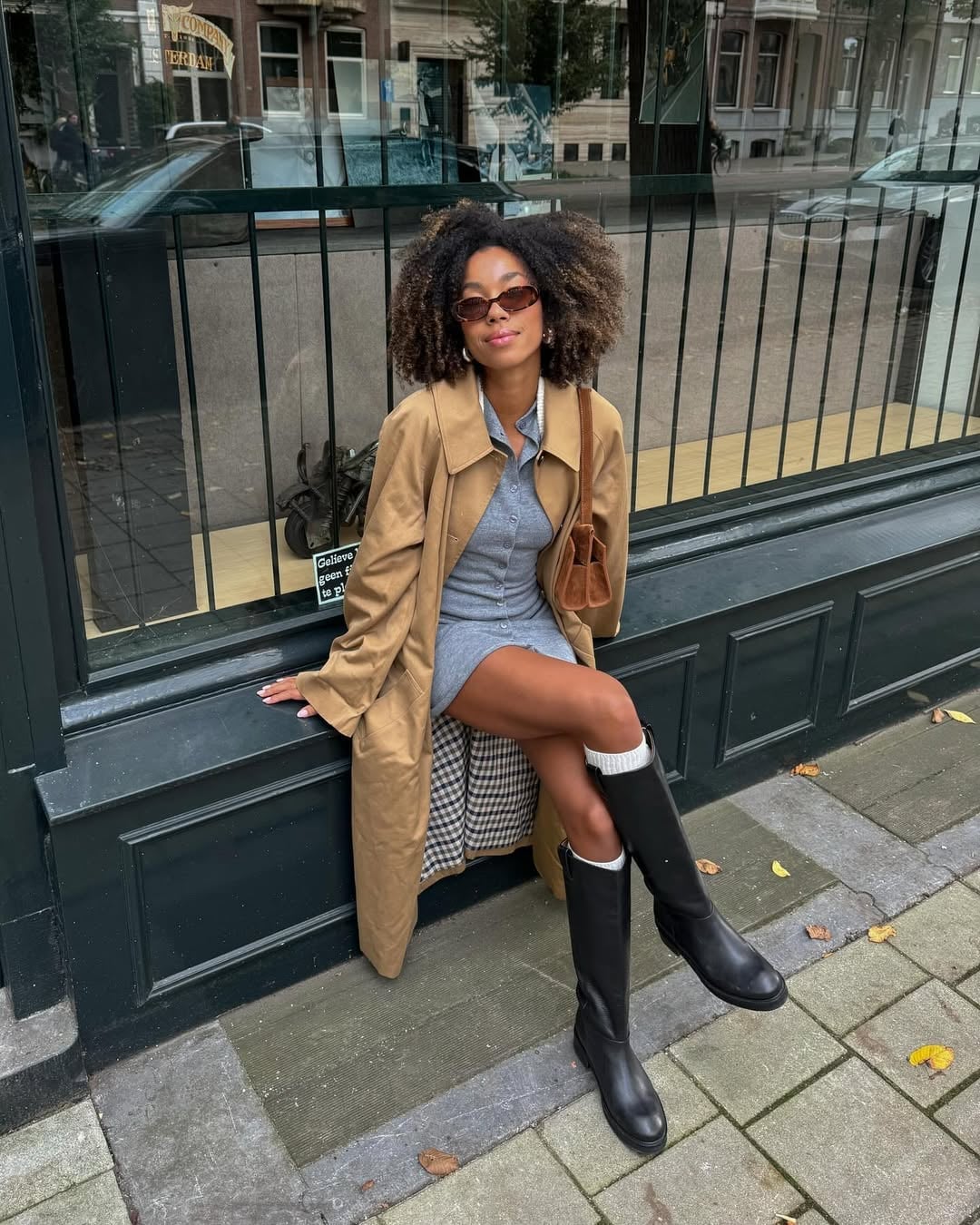 Camel Trench Coat Over Gray Knit Dress — Scandinavian Style
