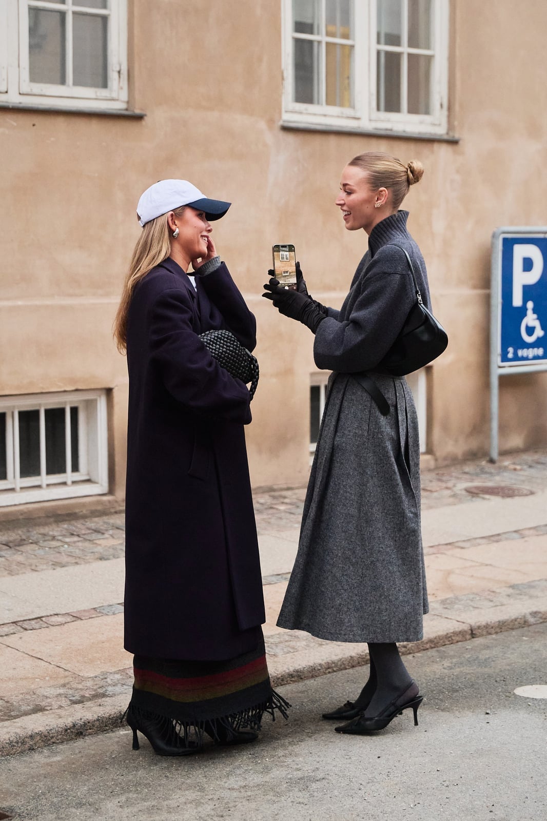 Long Navy Coat Over Striped Scarf With Black Pointed-Toe Heels — Scandinavian Style