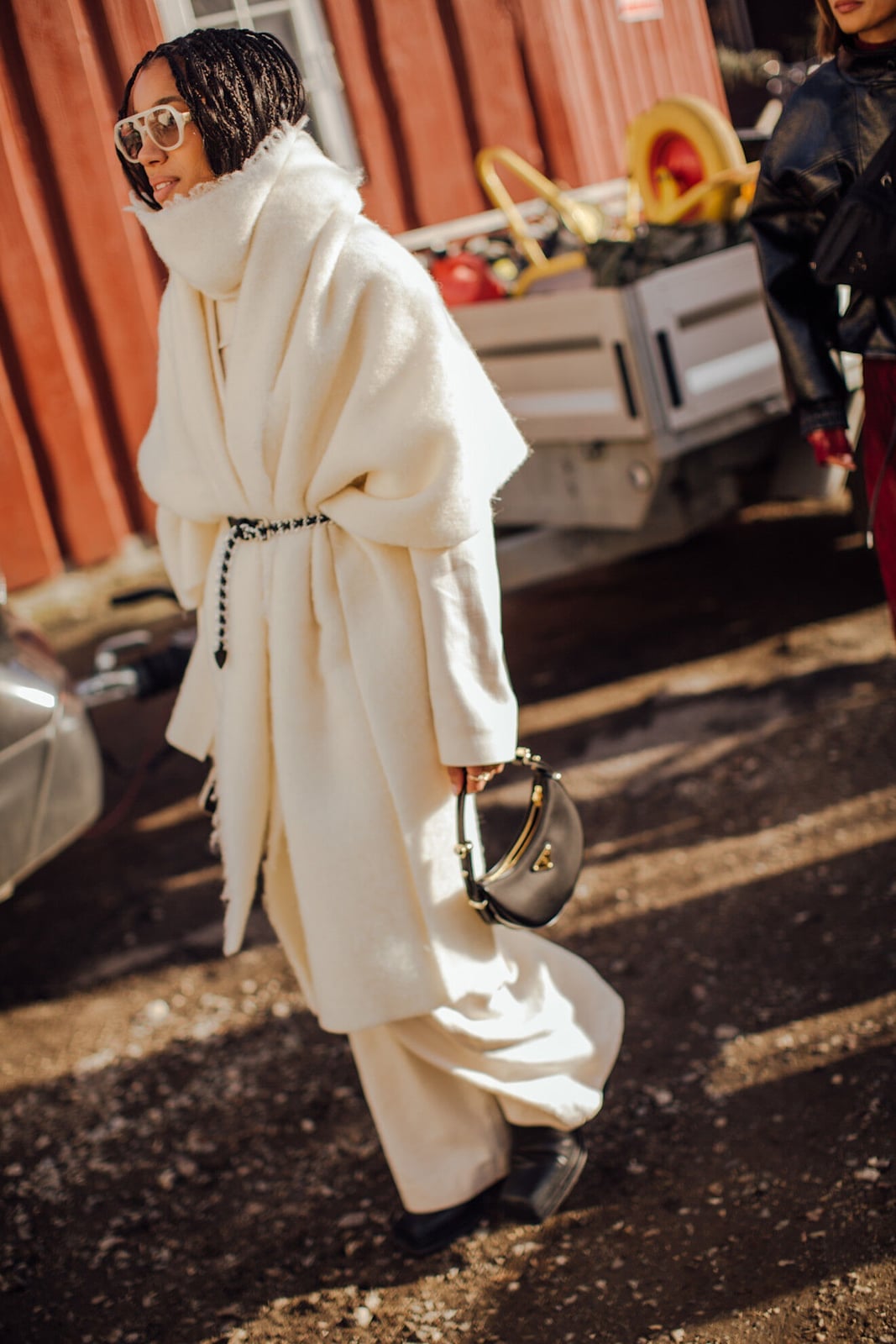 Cream Wool Coat And Wide Leg Trousers With Black Beaded Belt — Scandinavian Style