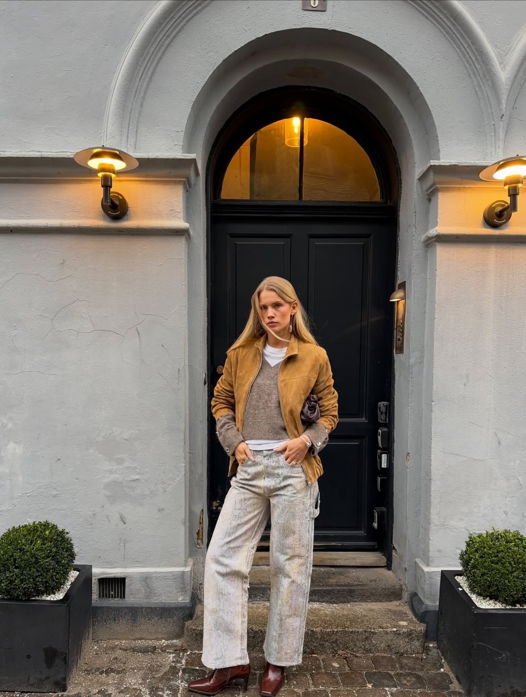 Brown Suede Bomber Jacket With Straight Leg Jeans — Scandinavian Style