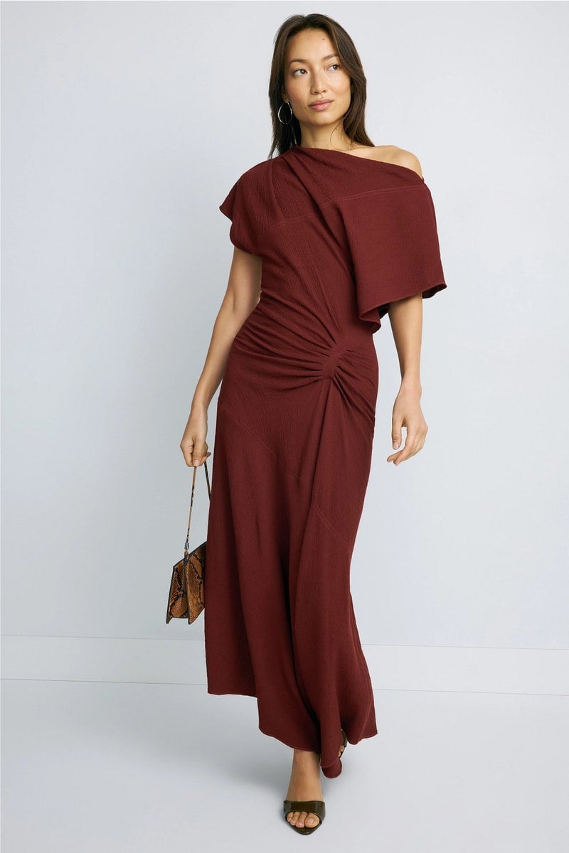 Deep Rust One-Shoulder Draped Knit Dress — Semi Formal Dresses