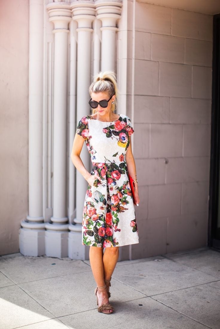 White Floral Print A-line Knee-Length Dress — Semi Formal Dresses