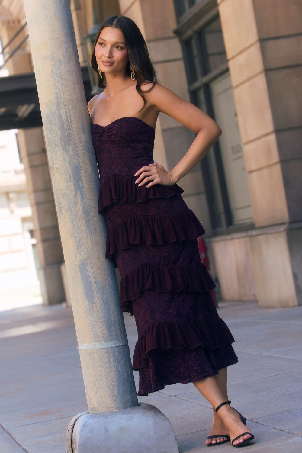 Plum Lace A-line Midi Dress with Tiered Ruffle Skirt — Semi Formal Dresses