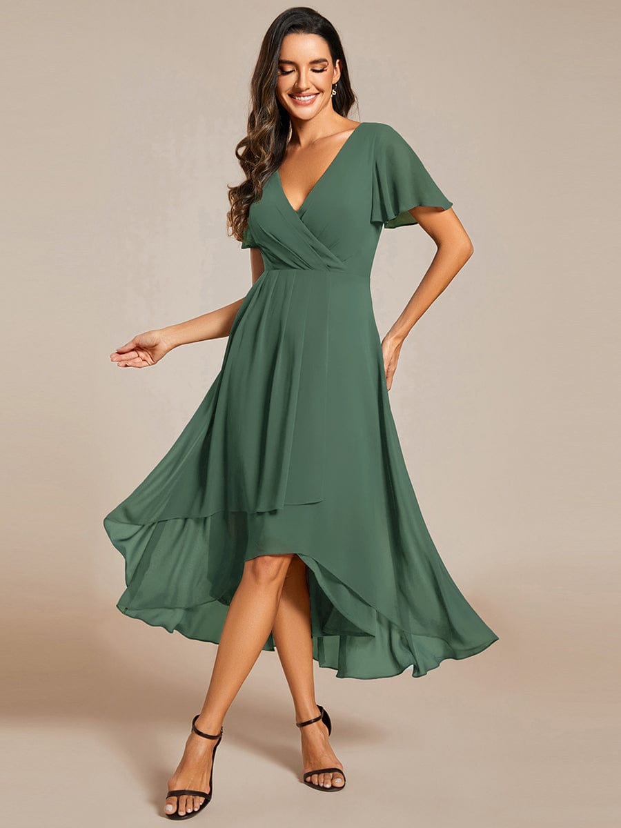 Sage Green Chiffon Wrap Dress with Flutter Sleeves — Semi Formal Dresses