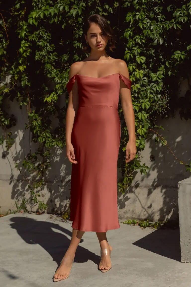 Muted Rose Satin Off-The-Shoulder Midi Dress — Semi Formal Dresses