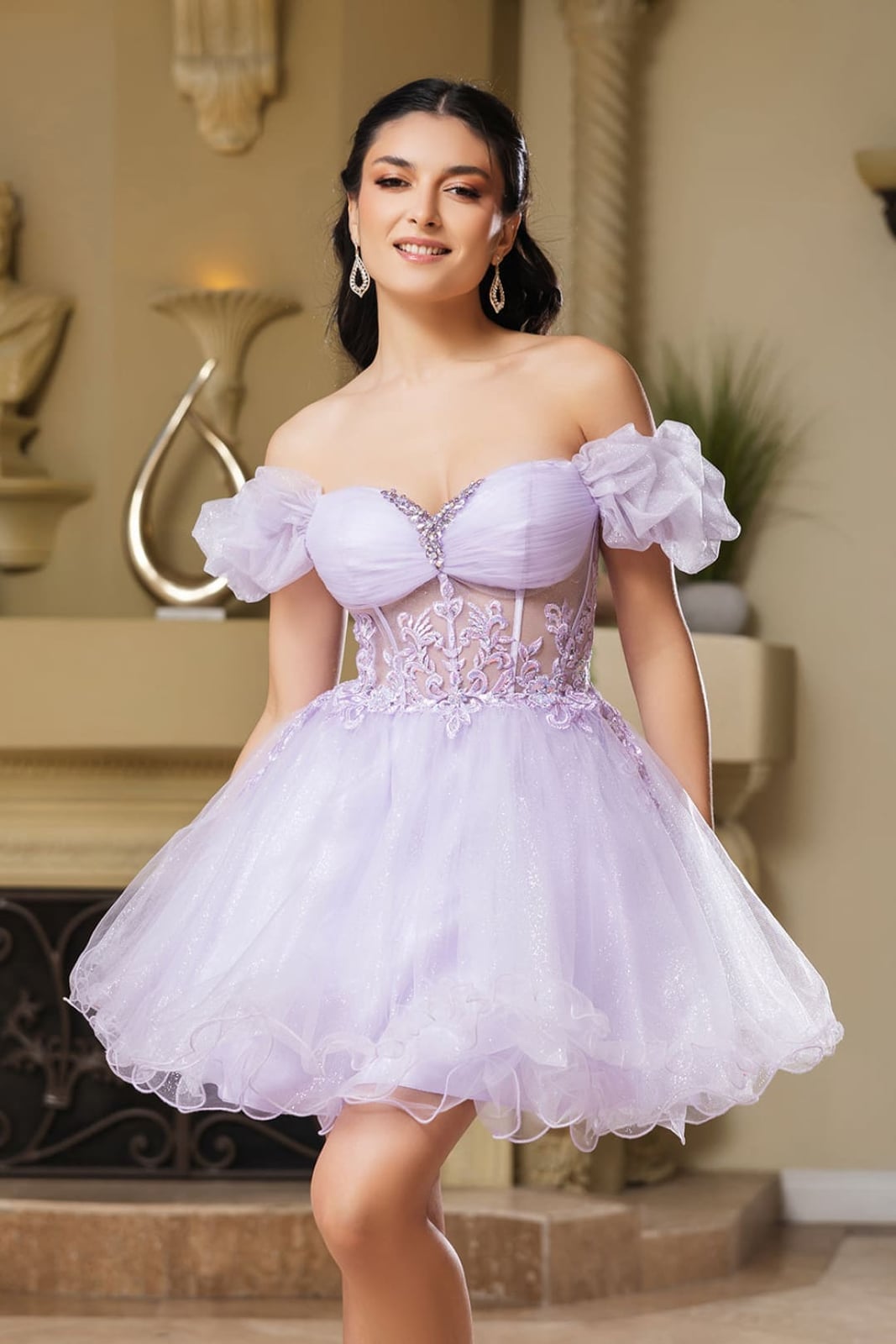 Lavender Embellished Off-The-Shoulder Mini Dress — Semi Formal Dresses