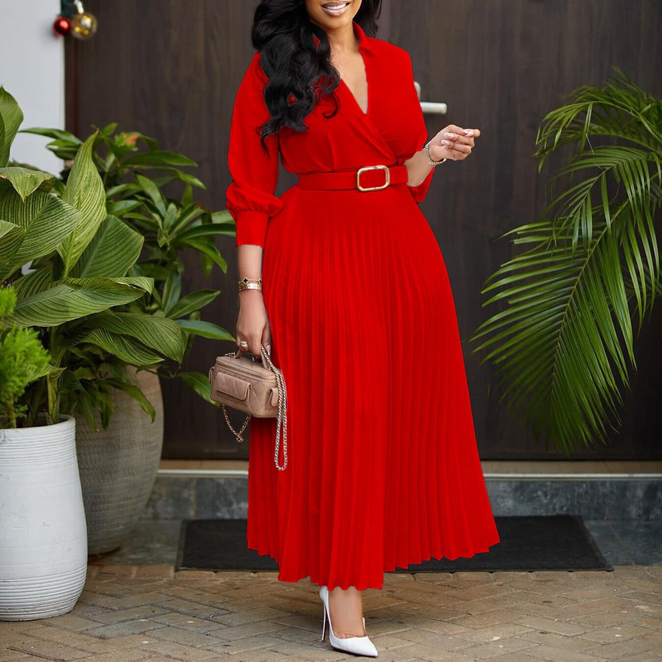 Vibrant Red Wrap Midi Dress with Pleated Skirt — Semi Formal Dresses