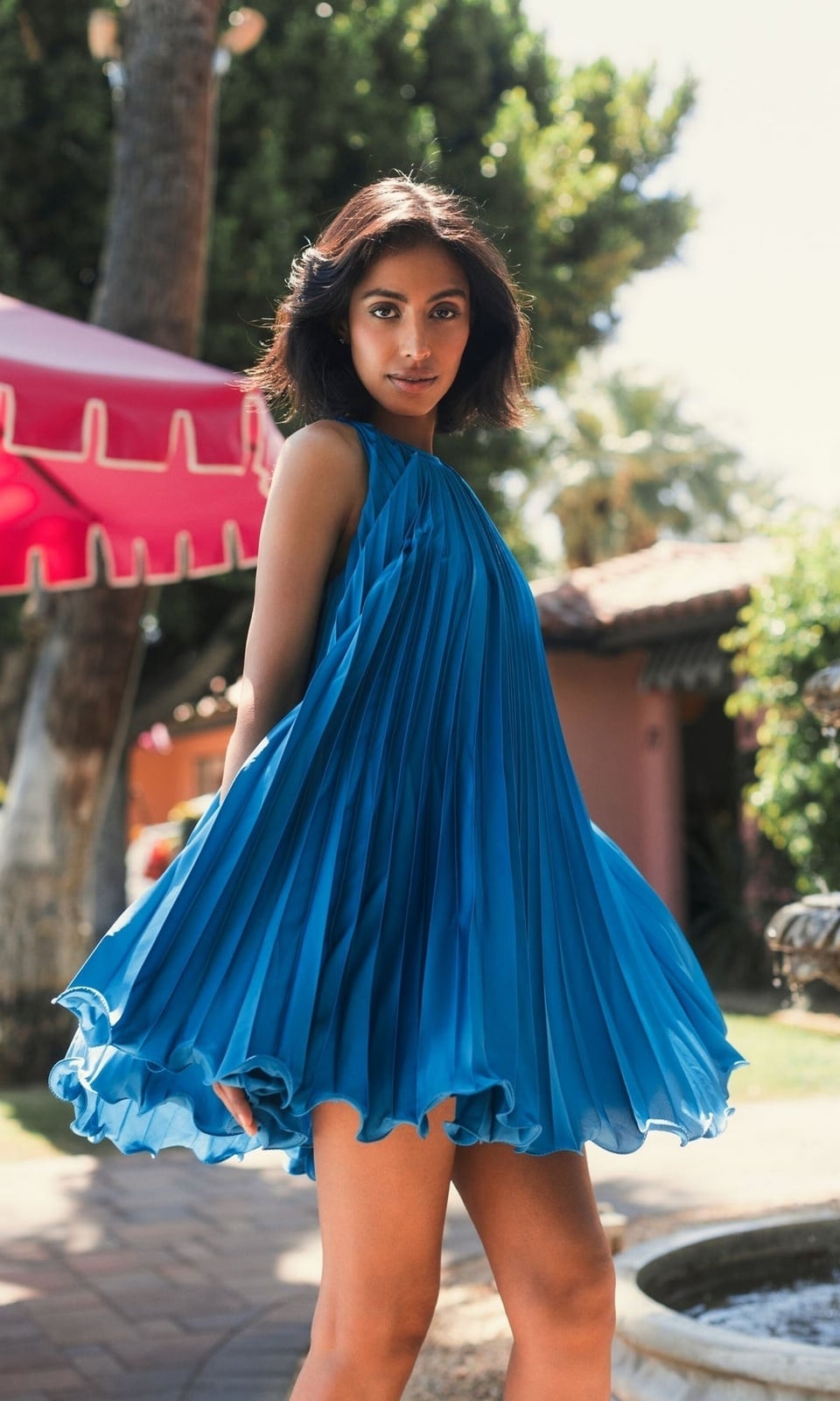 Bright Blue A-line Shift Dress with Pleated Skirt — Semi Formal Dresses
