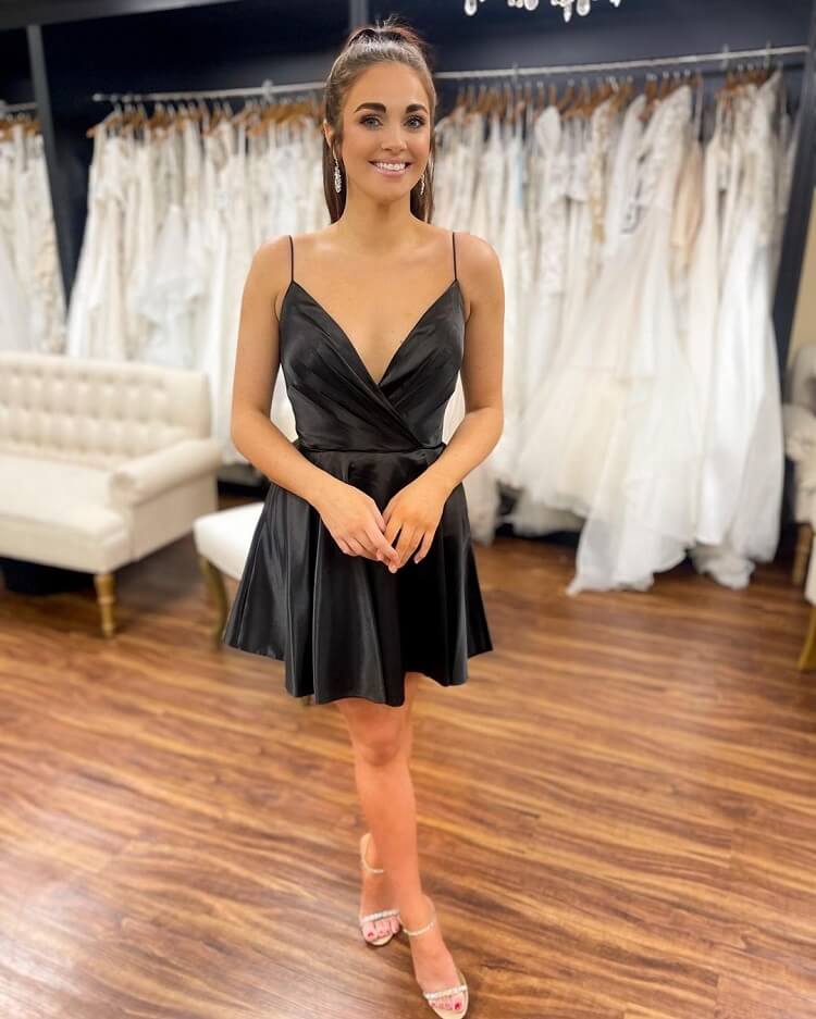 Black Satin Wrap Mini Dress with Deep V-Neck — Semi Formal Dresses