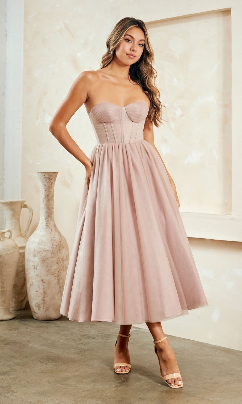 Dusty Rose Strapless Corset Midi Dress with Tulle Skirt — Semi Formal Dresses