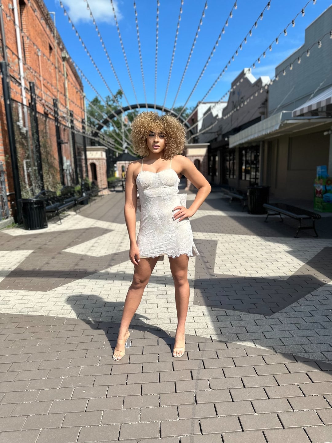 Off-white Textured Mini Dress with Back Bow Detail — Semi Formal Dresses