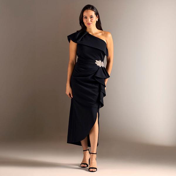 Navy Blue One-Shoulder Dress with Crystal Brooch — Semi Formal Dresses