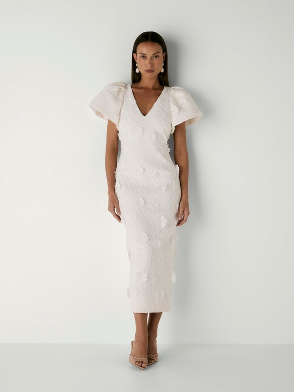 Ivory Midi Dress with 3D Floral Appliqué — Semi Formal Dresses
