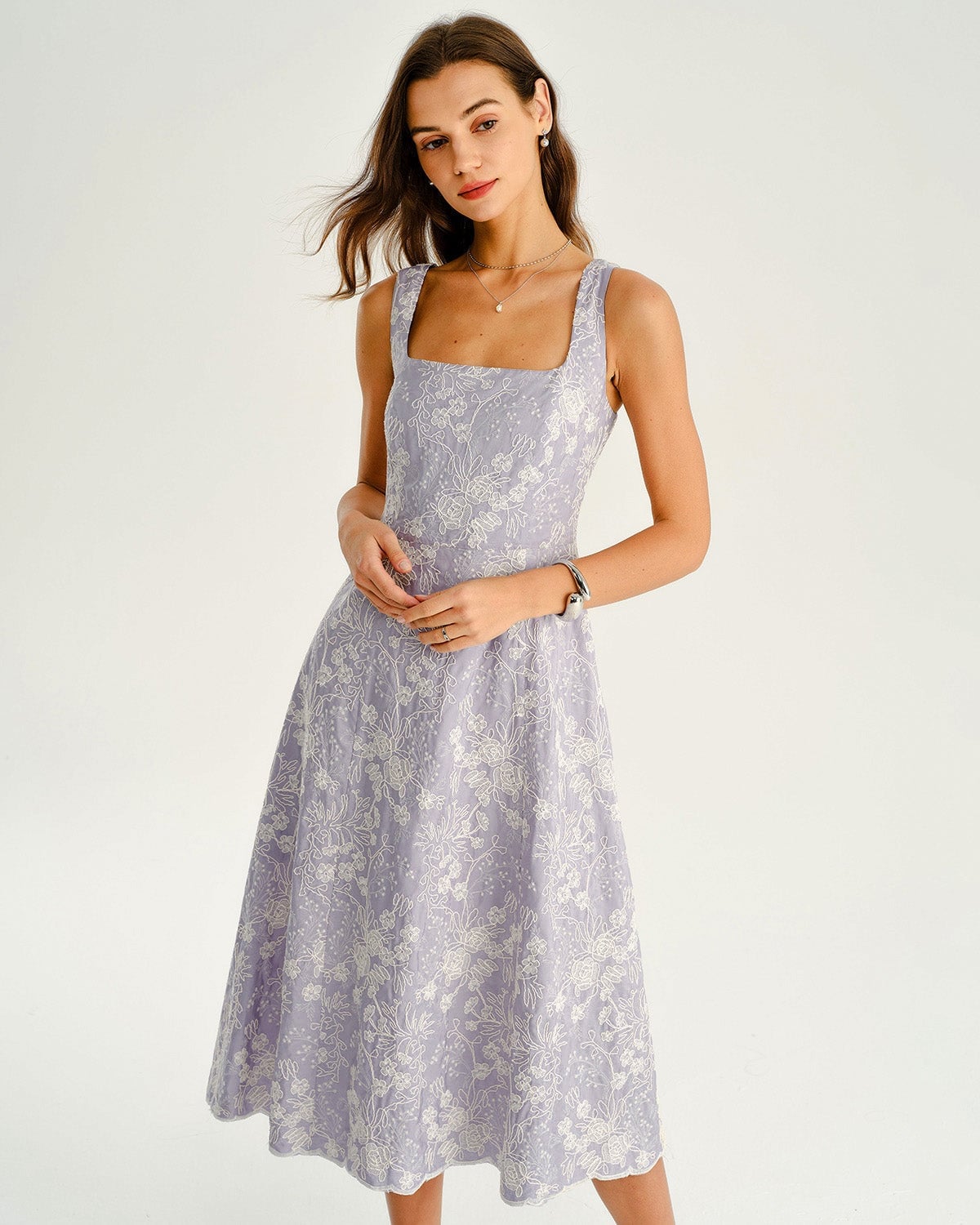 Lavender Midi Dress with White Floral Embroidery and Lace — Semi Formal Dresses