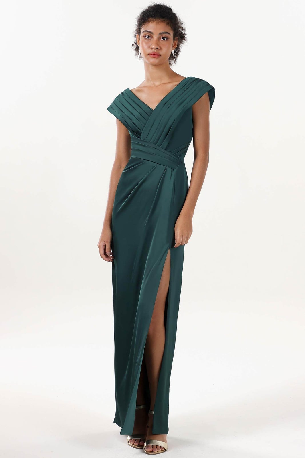 Deep Teal Satin Maxi Dress with Pleated V-neck — Semi Formal Dresses