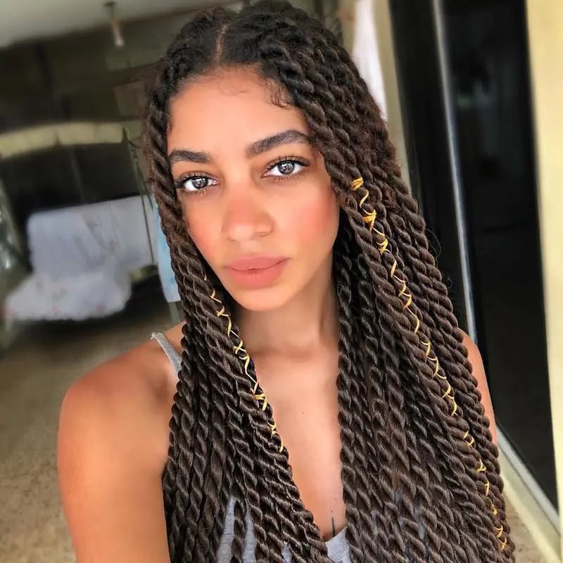 Dark Brown Twists With Blonde Thread Accents — Senegalese Twists
