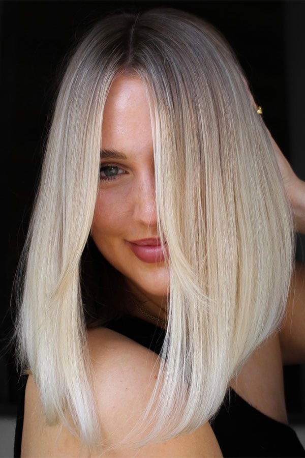 Chin Blunt Bob With Platinum Dark Root and Curtain Bangs Chin Blunt Bob With Platinum Dark Root and Curtain Bangs — Shadow Root