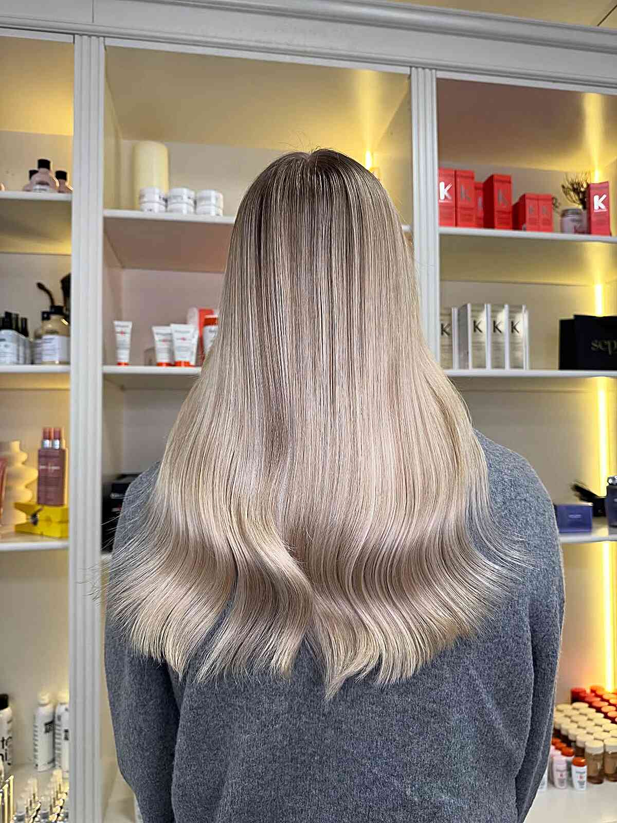 Mid-Back Straight With Ash Blonde Shadow, A Woman'S Long Mid-Back Straight With Ash Blonde Shadow, A Woman'S Long — Shadow Root