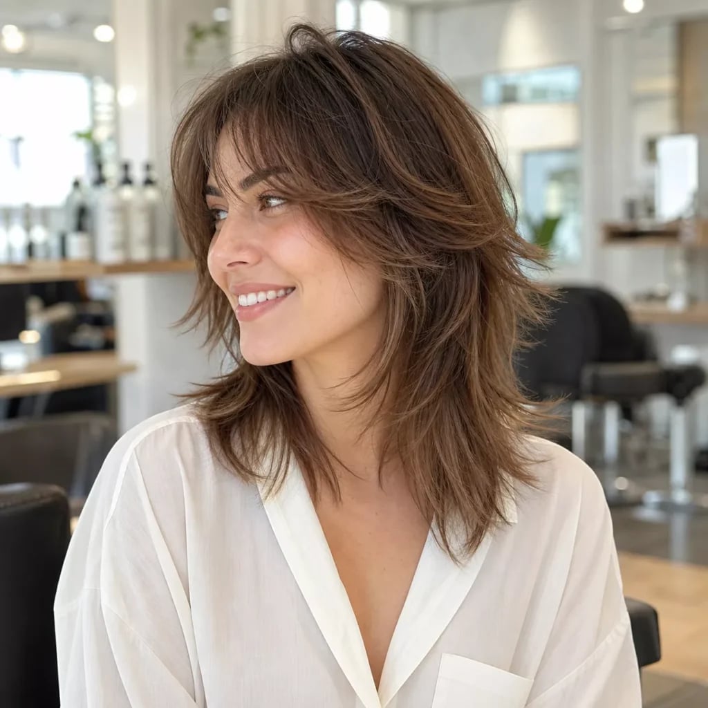 Collarbone Shag With Choppy Bangs and Brunette With Subtle Highlights — Shag Haircut