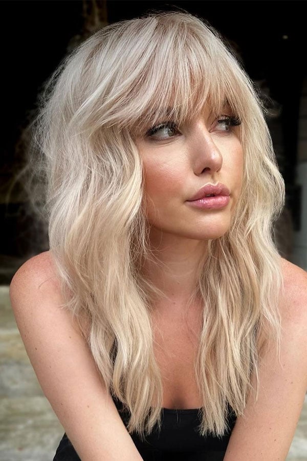 Platinum Blonde Long Shag With Curtain Bangs — Shag Haircut