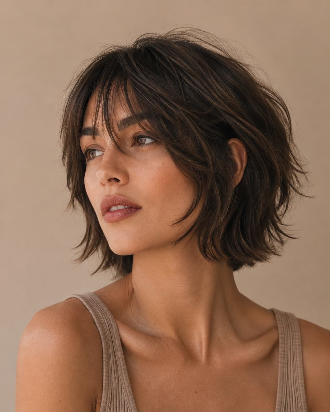 Collarbone Wavy Shaggy Bob With Textured Bangs
