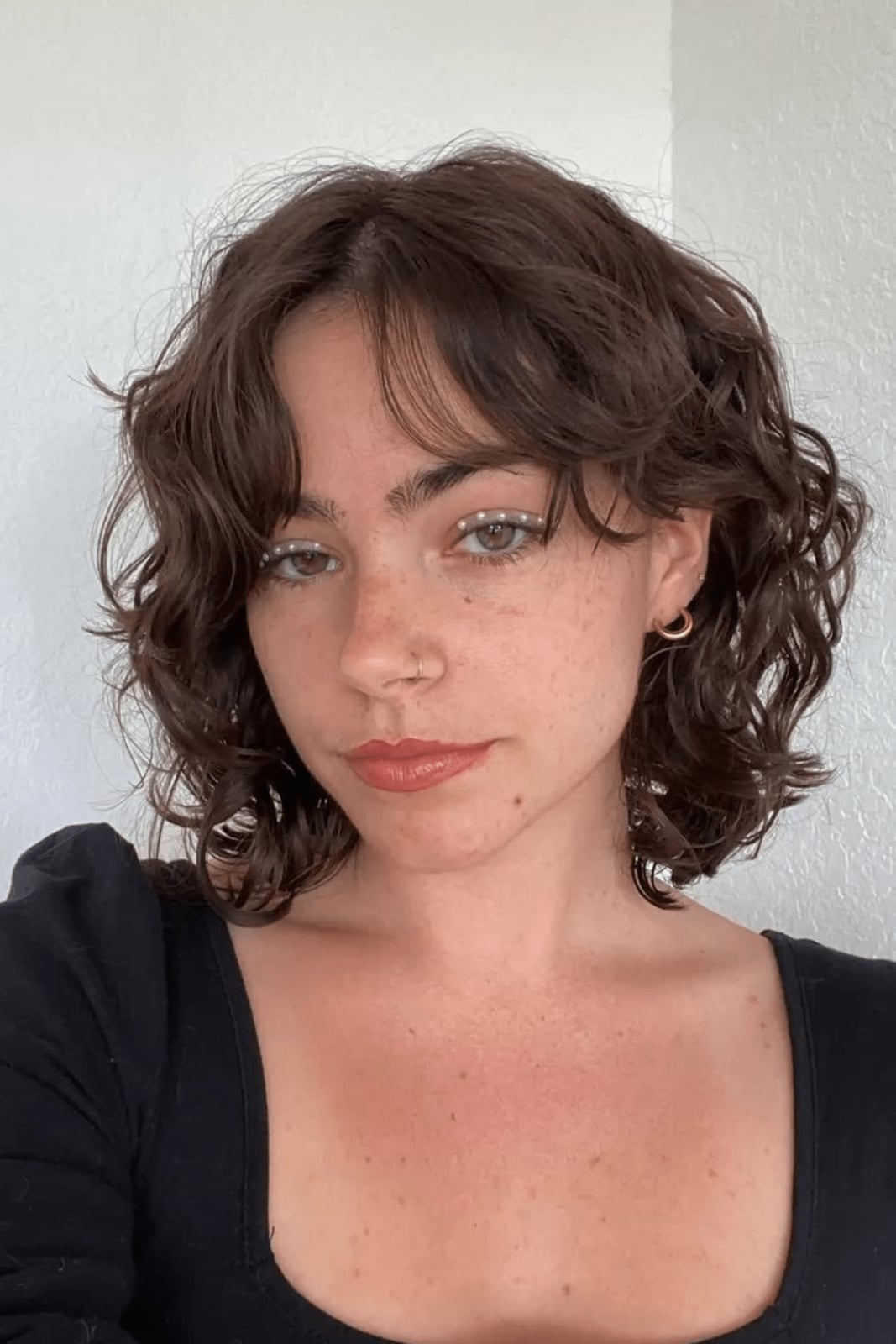 Chin Length Dark Brown Curly Shaggy Bob