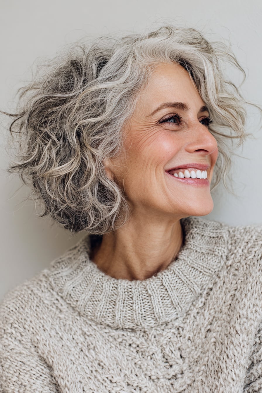Chin Length Silver Gray Shaggy Bob With Curls
