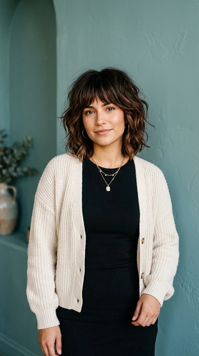Collarbone Dark Brown Shaggy Bob With Curtain Bangs, Wavy