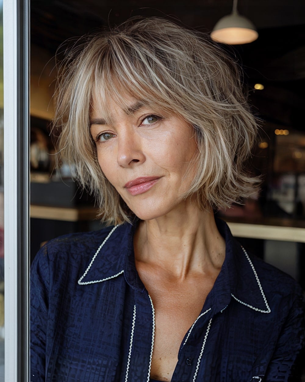 Chin Length Ash Blonde Shaggy Bob With Choppy Bangs