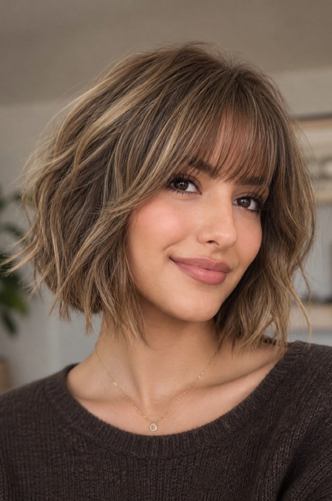 Collarbone Shaggy Bob With Wispy Bangs