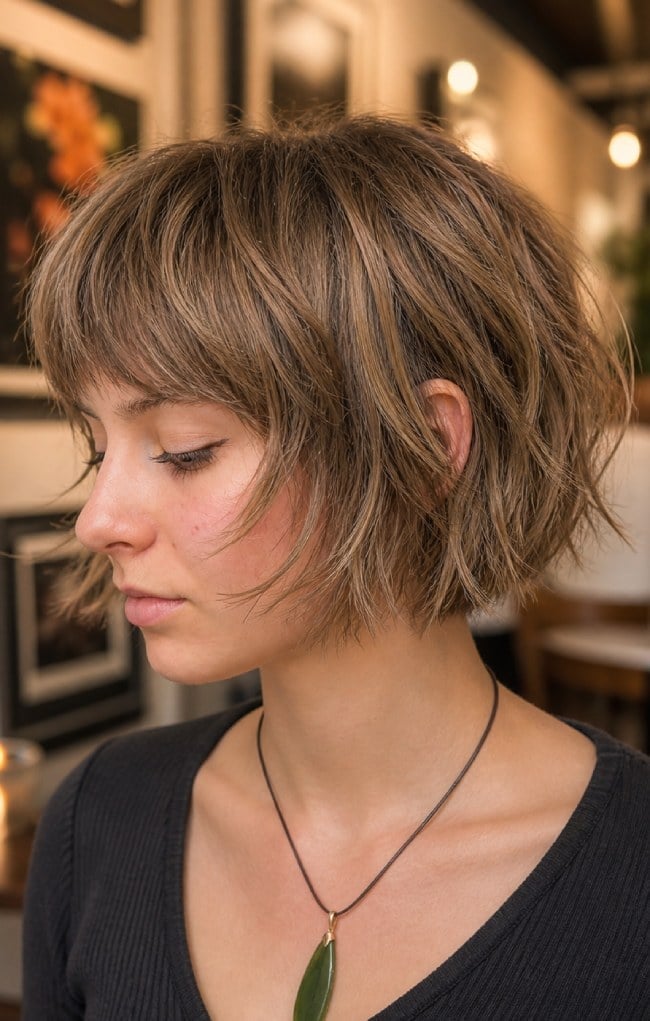 Side View Chin Shaggy Bob With Soft Fringe
