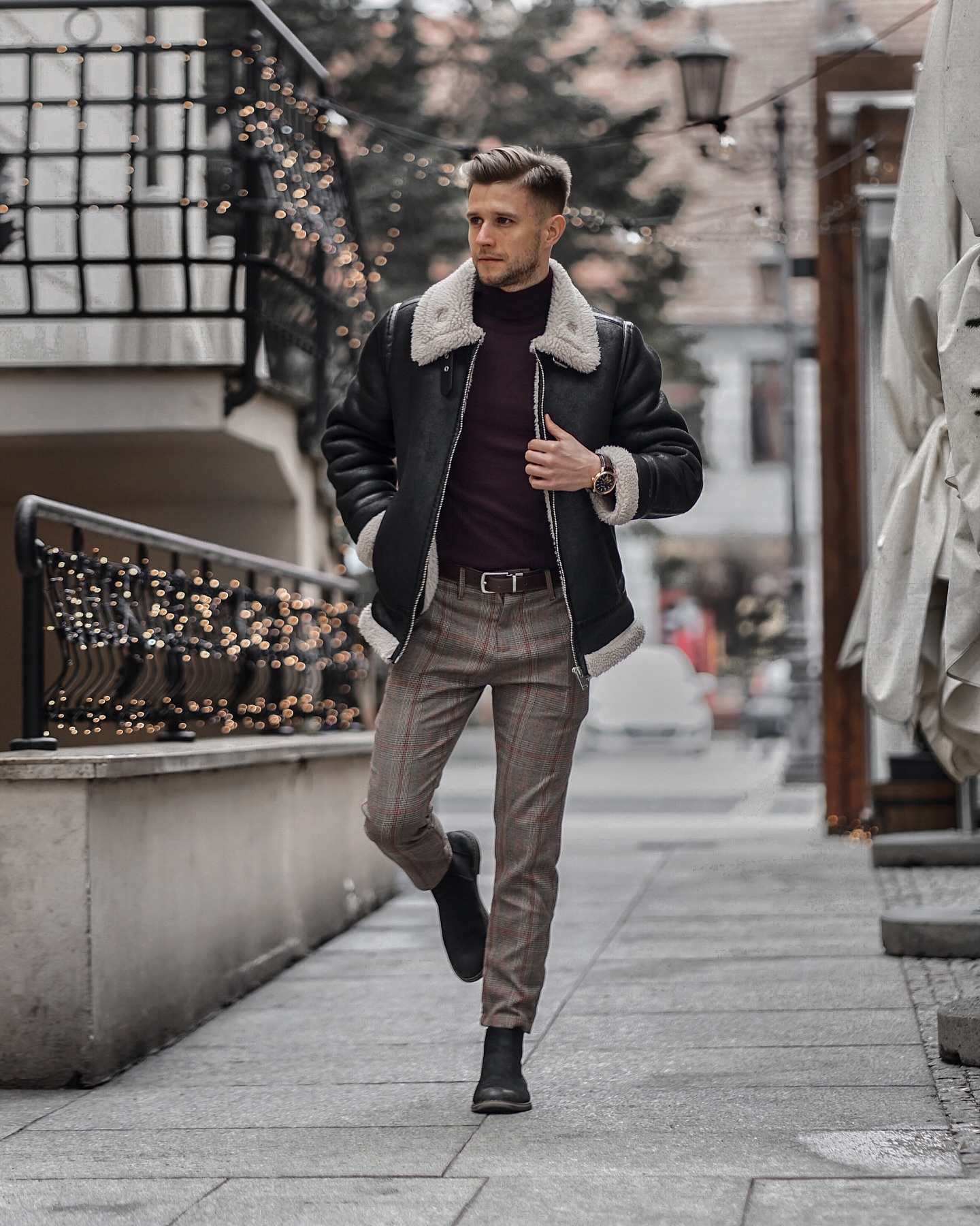 Shearling Aviator Jacket With Plaid Trousers