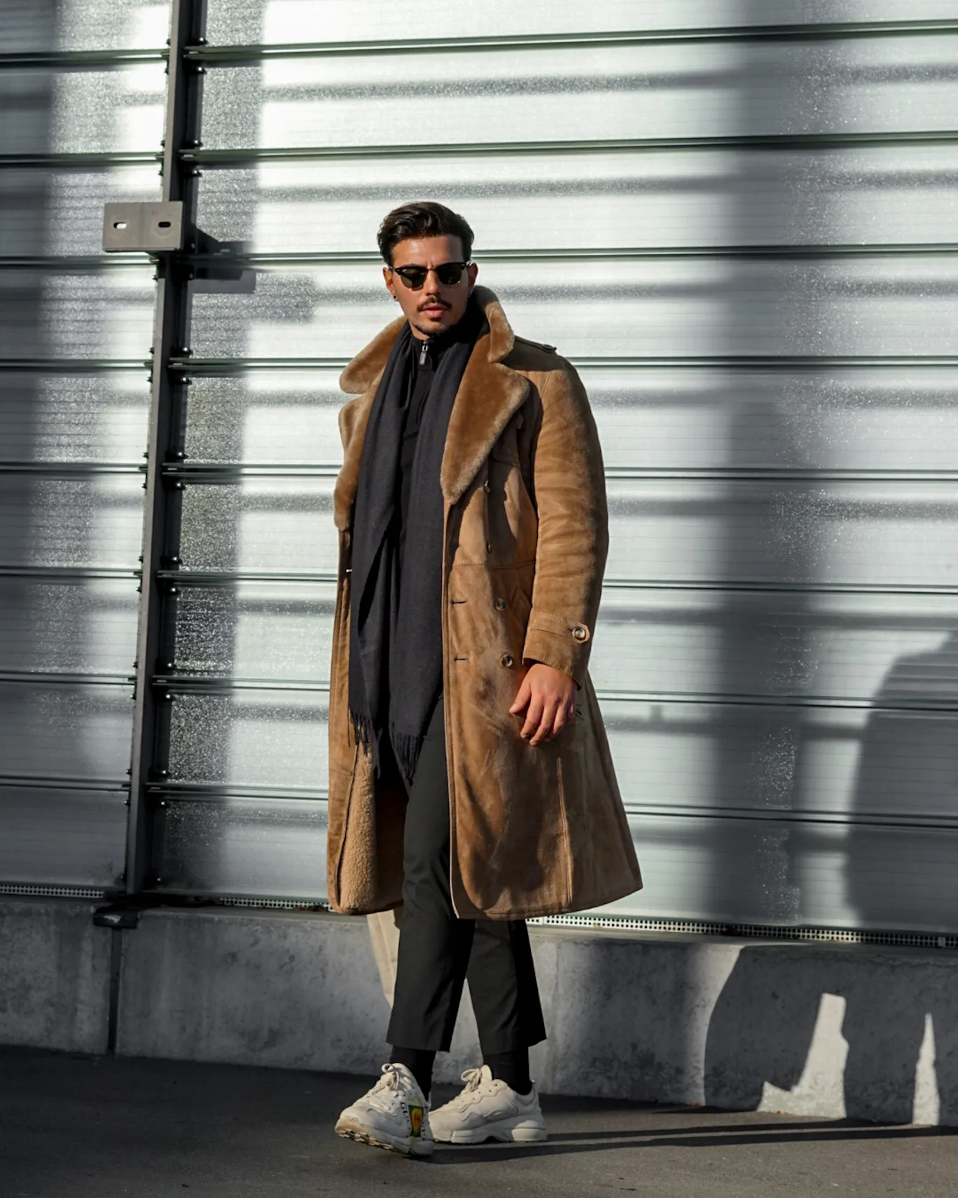 Shearling Coat and Black Trousers Winter Ensemble