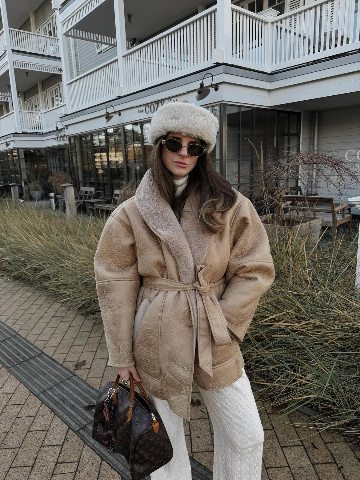 Shearling Coat And Cream Cable Knit Winter Look