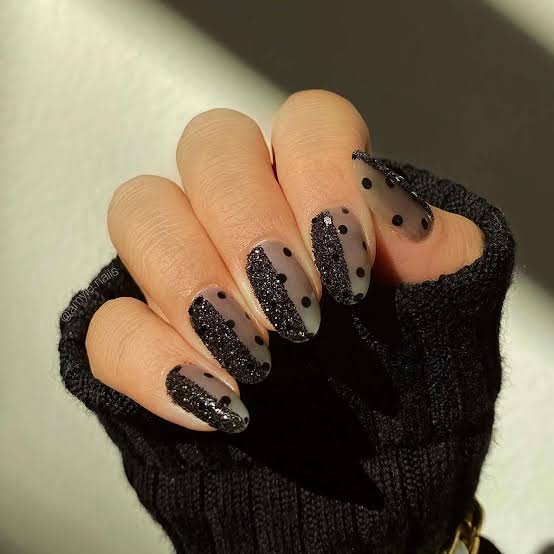 Sheer Black Dot Oval Nails — Sheer Nails