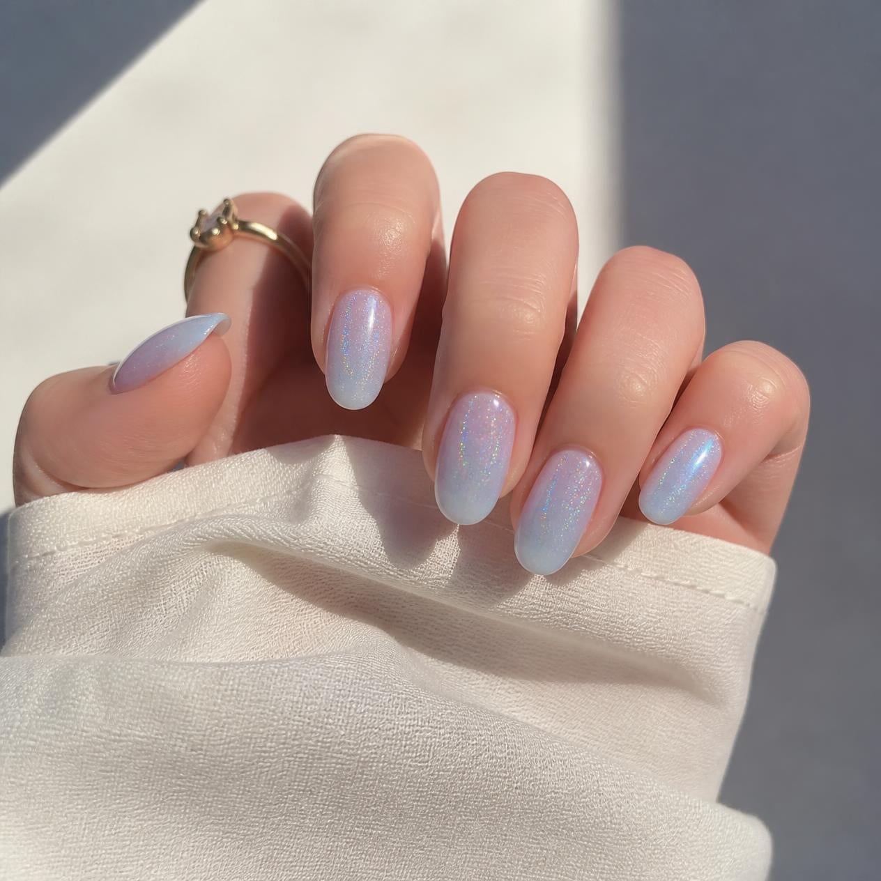 Pale Blue Shimmer Almond Nails — Sheer Nails