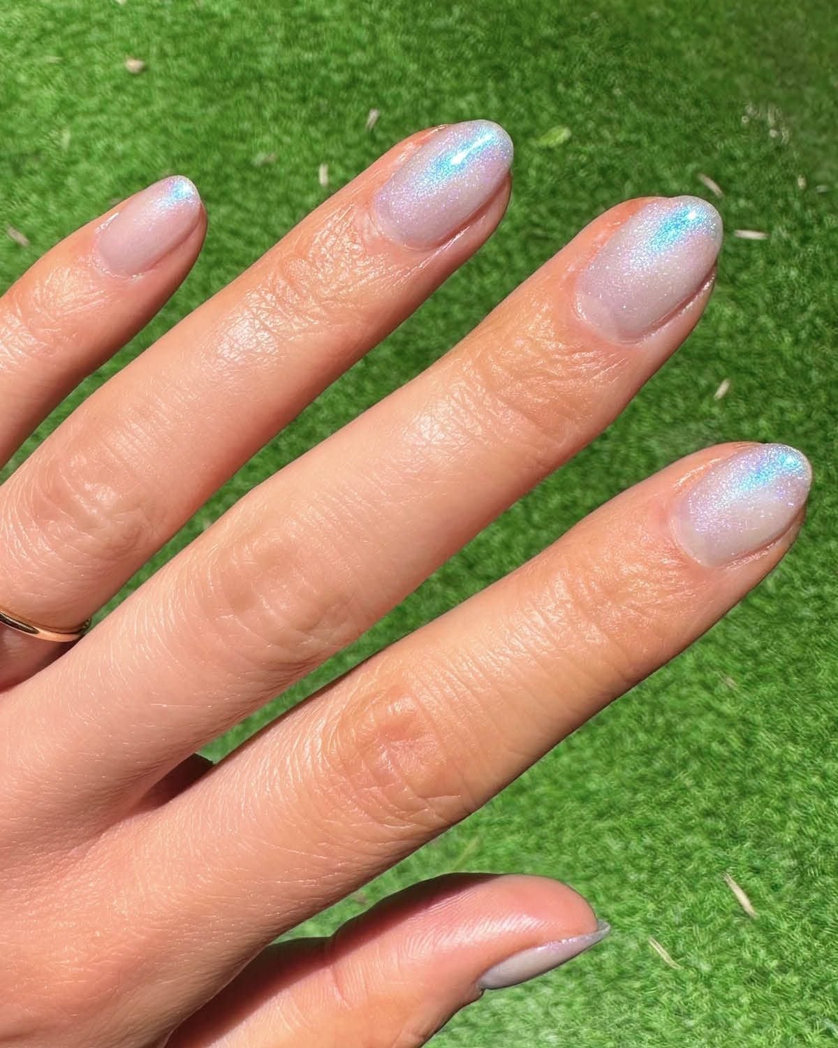 Milky White Shimmer Short Oval — Sheer Nails