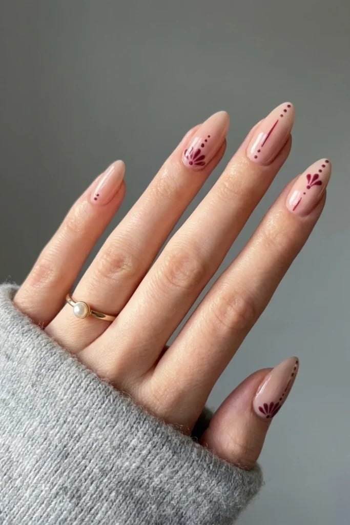 Sheer Nude Burgundy Art Stiletto — Sheer Nails