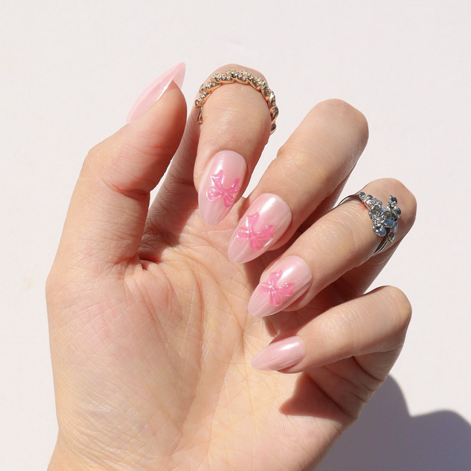 Sheer Pink Pearl Bow Long Almonds — Sheer Nails