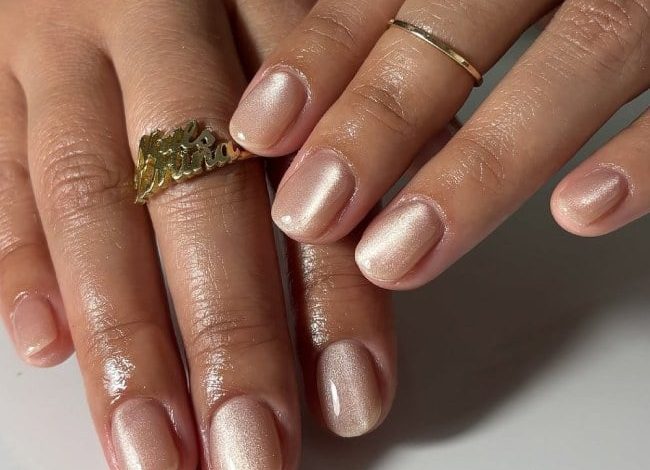 Soft Nude Cat Eye Nails with Subtle Shimmer Finish : Short Nail Design