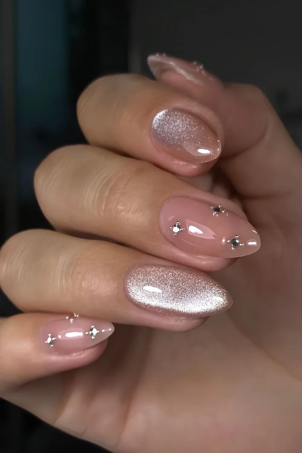 Sheer Nude Silver Cat Eye Rhinestones — Shimmer Nails