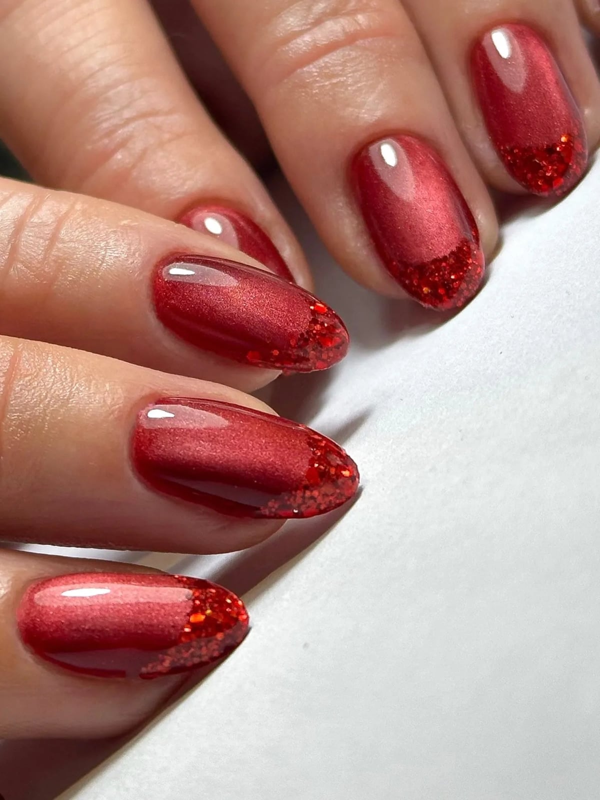Deep Red Shimmer Glitter French Gradient — Shimmer Nails