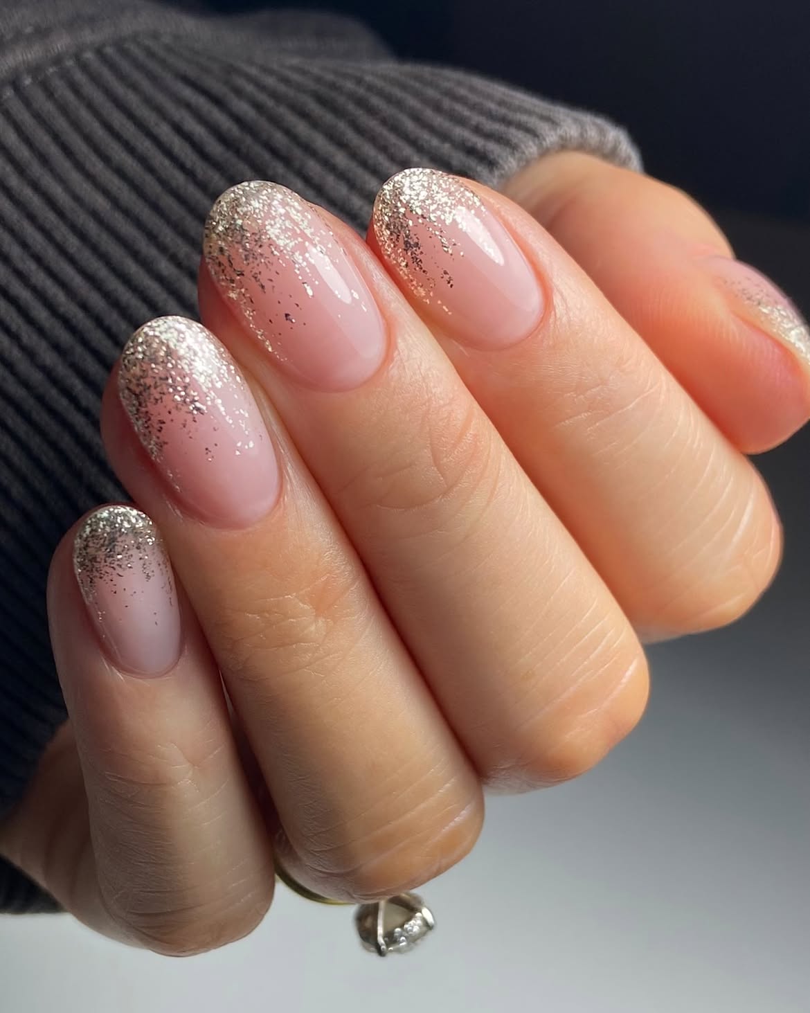 Shimmering Silver Glitter French Ombre Almond Nails
